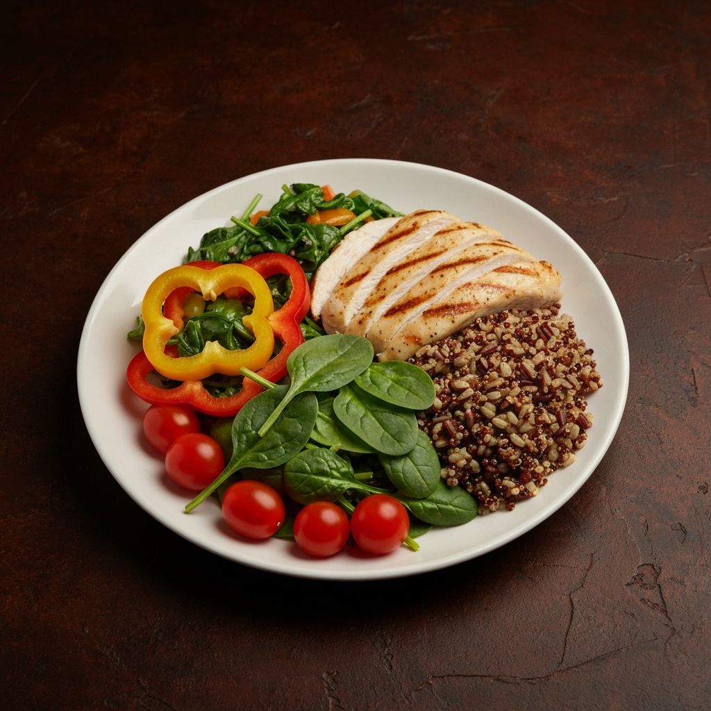 Plato balanceado con verduras frescas, granos integrales y proteína magra