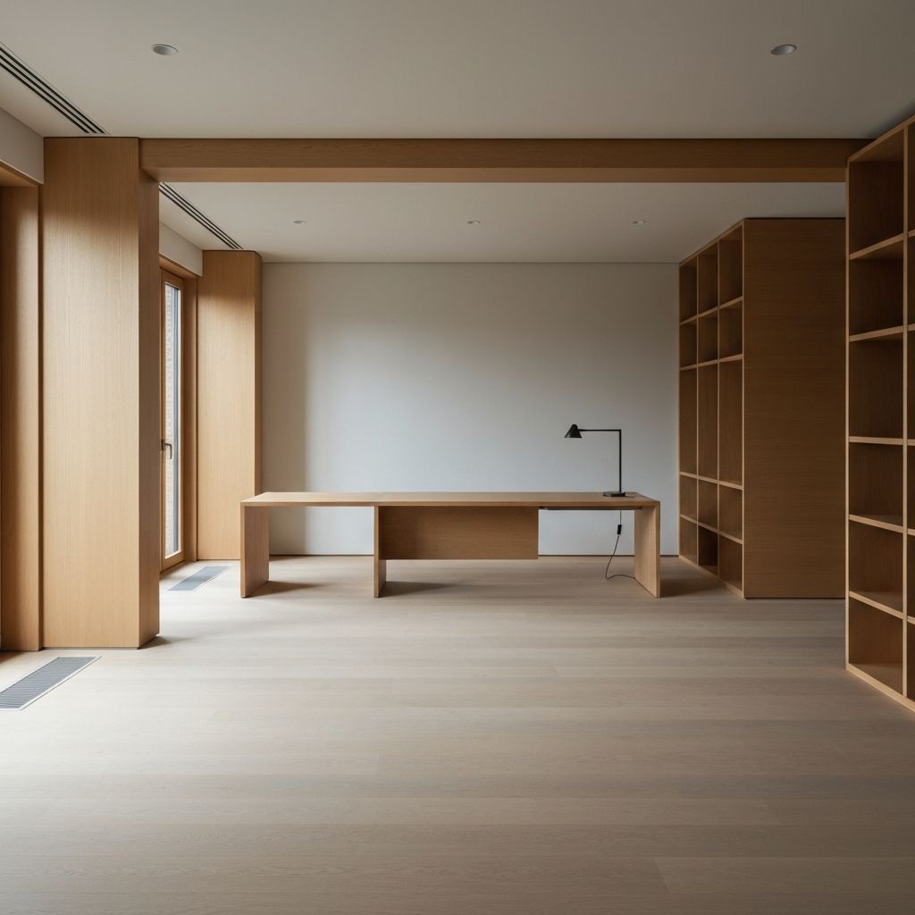 Espacio interior minimalista con luz natural suave, detalles de madera y arquitectura serena