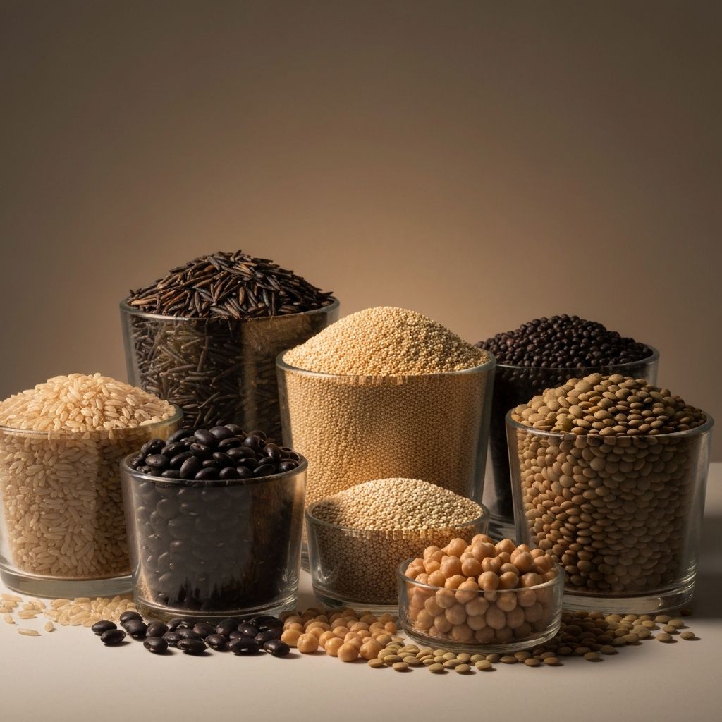 Granos integrales y legumbres saludables en contenedores de vidrio con iluminación de estudio