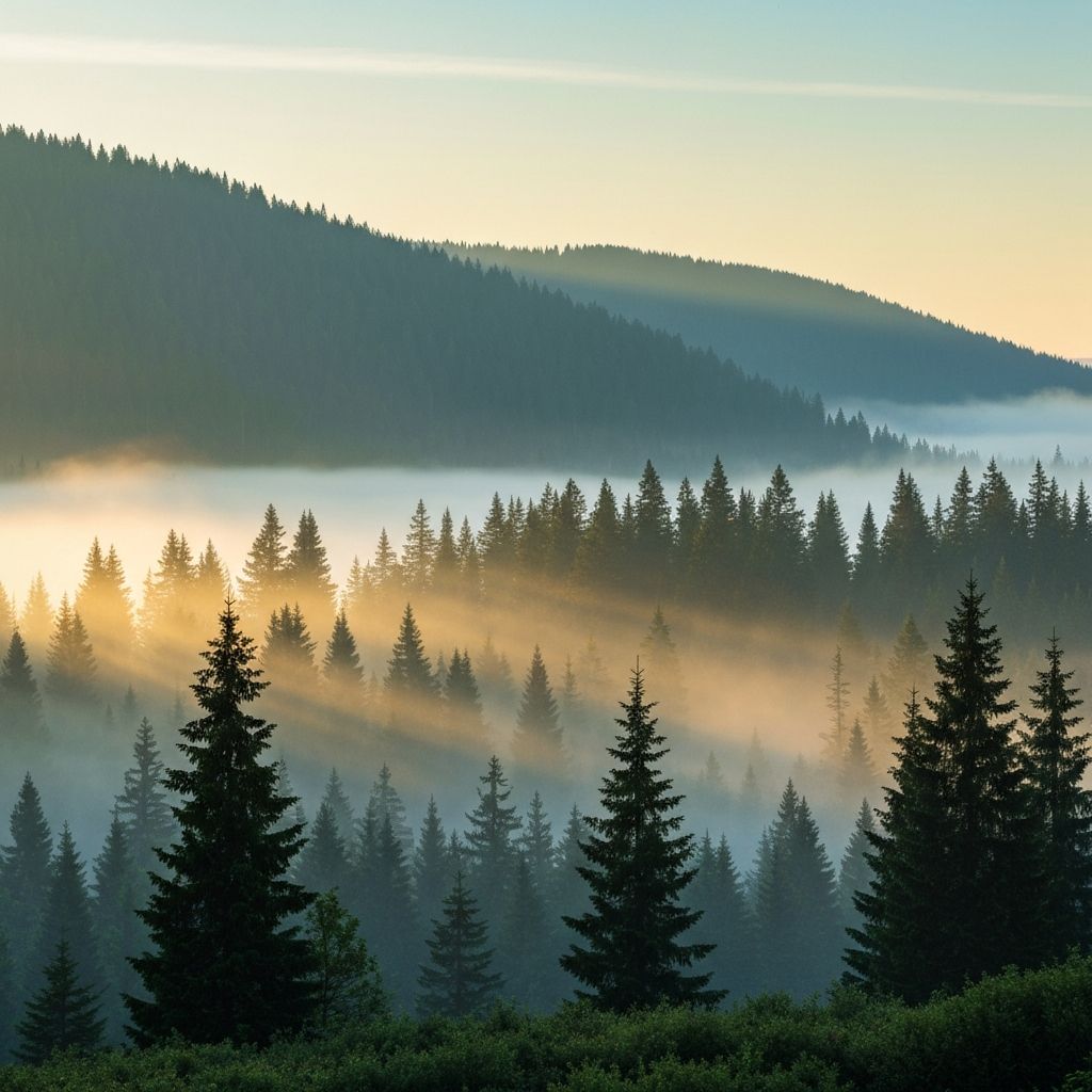 Paisaje montañoso con niebla matutina y árboles de coníferas, luz dorada filtrada
