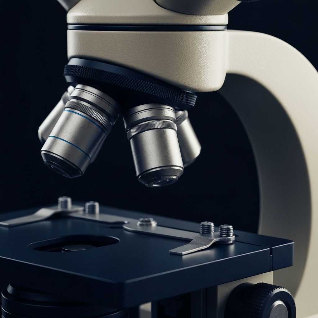 Microscopio científico con lente de vidrio detallada, iluminación de estudio resaltando textura