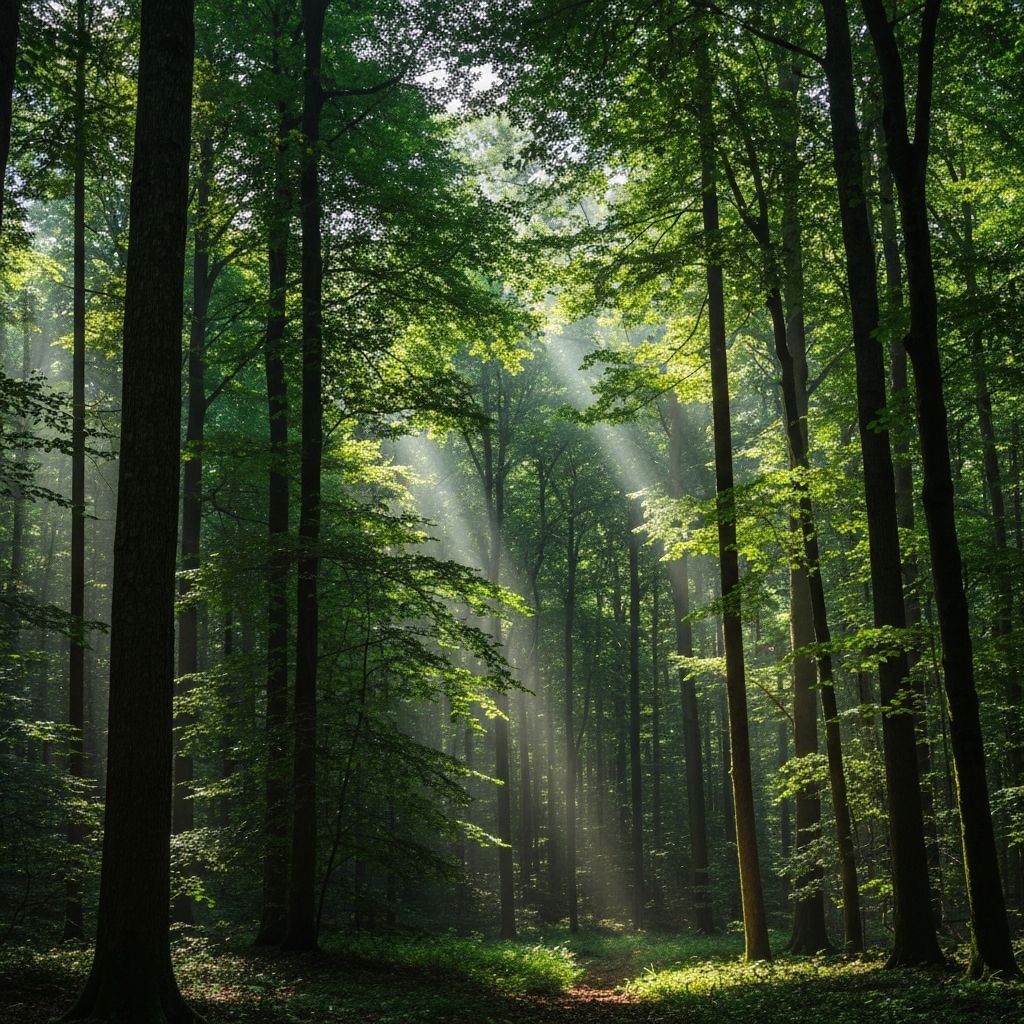 Dosel de bosque denso con luz filtrada a través de las hojas