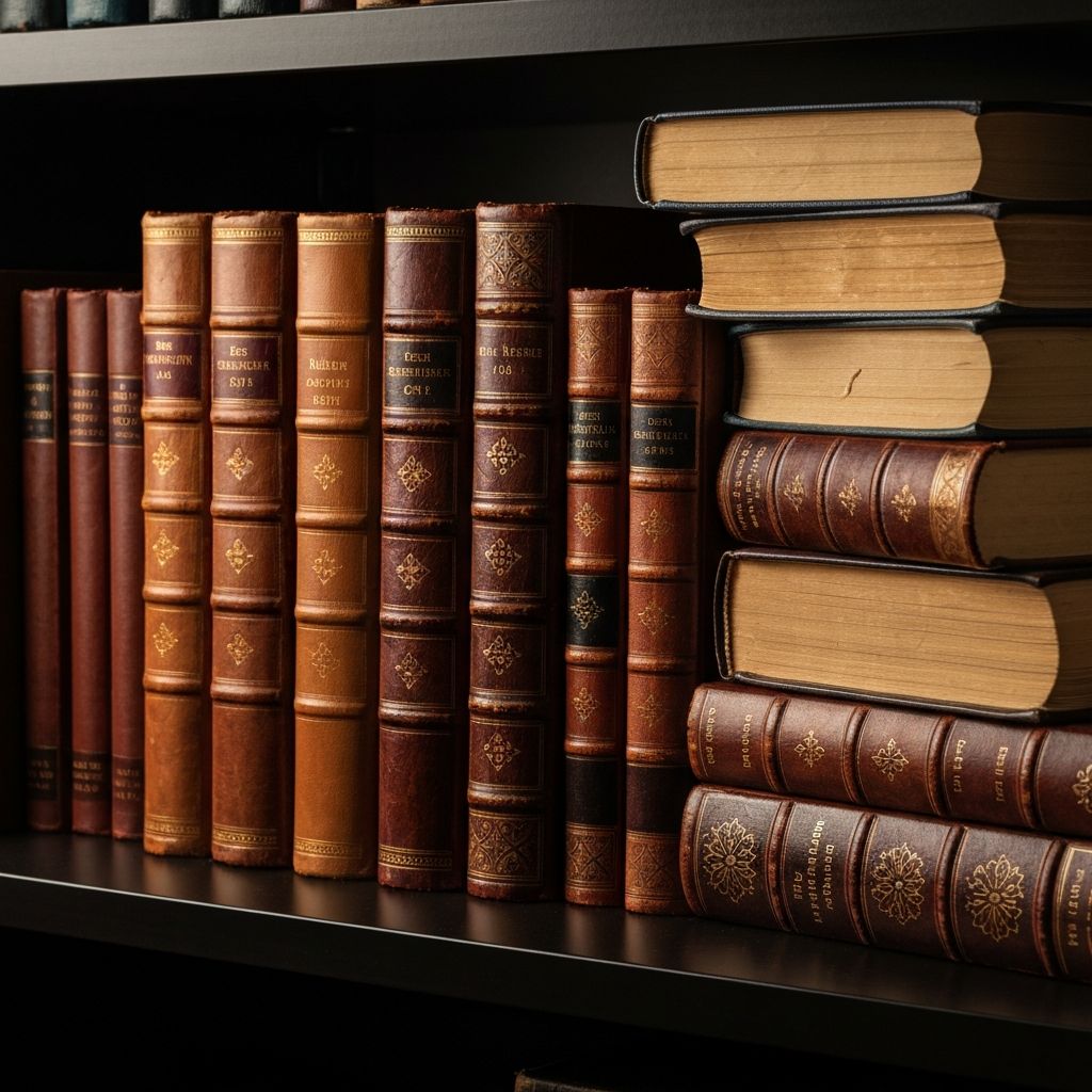 Libros antiguos encuadernados en cuero apilados en orden, con detalles de textura visible